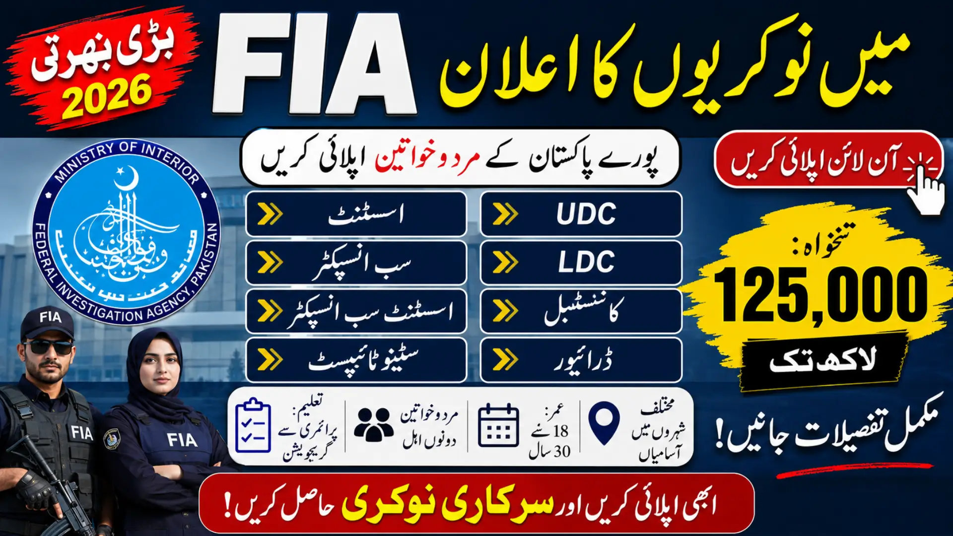 FIA Jobs 2026 as assistant, Inspector, UDC/LDC, Driver and more Online apply