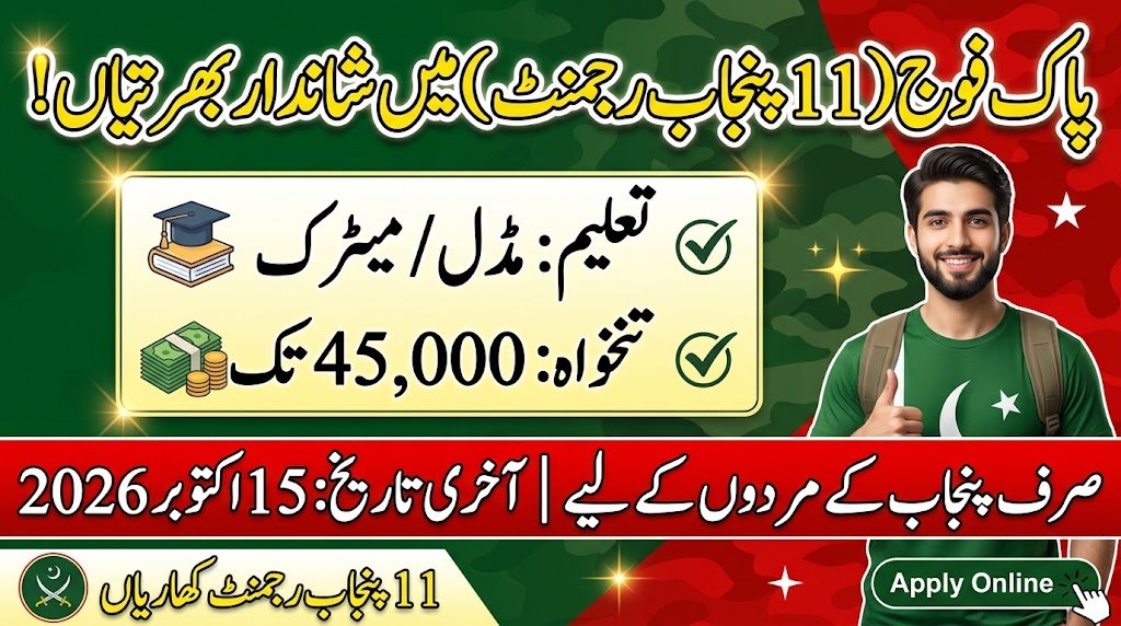 Pakistan Army Civilian Jobs 2026 in 11 Punjab Regiment Kharian Apply Online