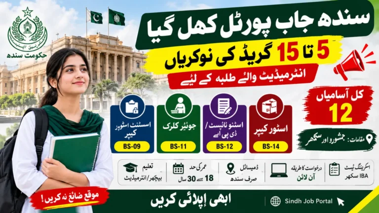 Sindh Job Portal Open for 5 to 15 Grade Jobs for Intermediate Students 2026