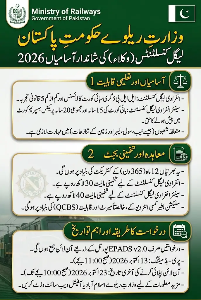 Ministry of Railways Jobs 2026 Legal Consultant Vacancies Announced